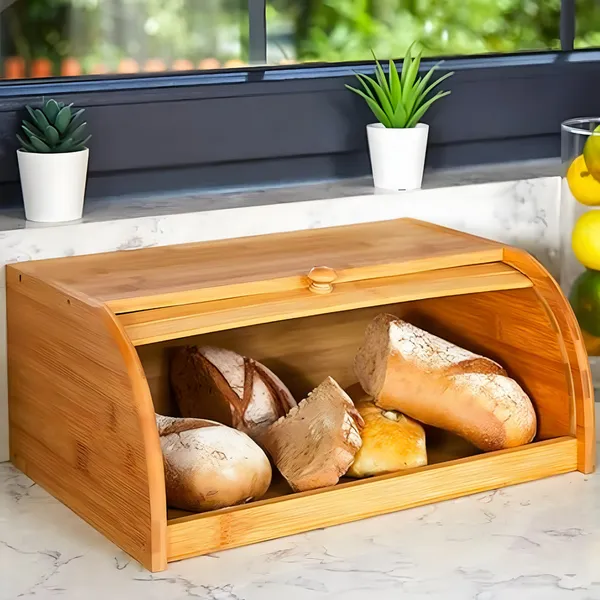 Porta Pão Bambu Cozinha Com Tampa Retrátil Armazenamento De Pães Bolachas