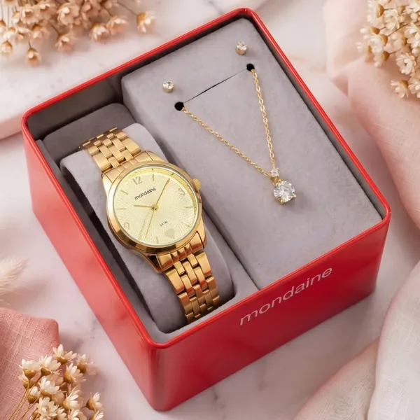 Relógio Mondaine Feminino De Pulso Com Colar E Brincos Dourado Quartz Pulseira Em Aço Inoxidável Prova D'água 50 Metros