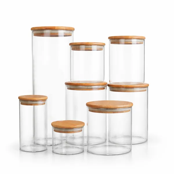 Kit Potes De Vidro Tampa De Bambu Recipiente de Armazenamento Vários Tamanhos Transparente