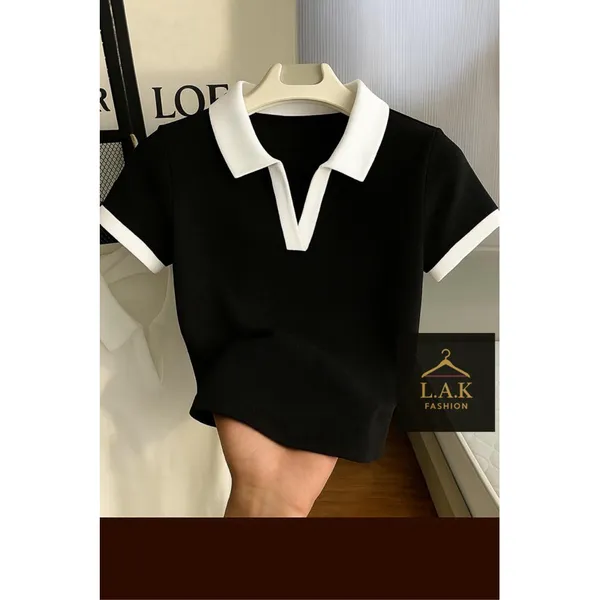 Blusa Polo Feminina Bicolor Manga Curta Ribana Premium Canelada Elegante