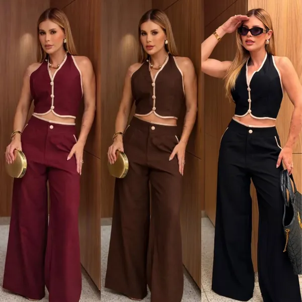 Conjunto Feminino Bicolor Elegante Calça Pantalona e Colete Frente Única