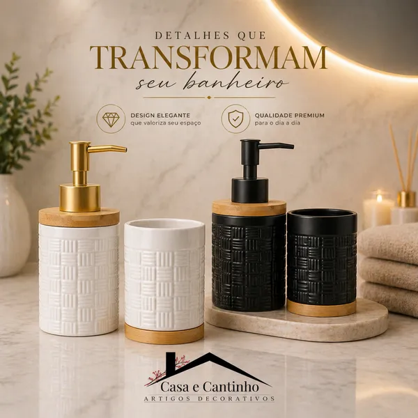 Kit Banheiro Lavabo Porta Sabonete liquido Dispenser Porta Escova Cerâmica/Porcelana Banheiro