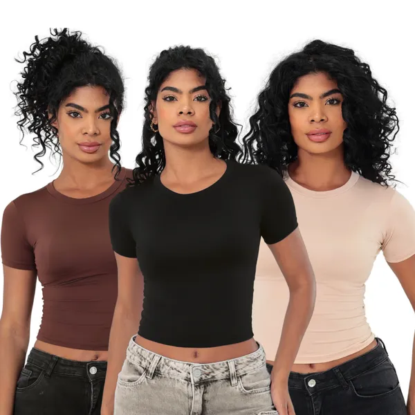 KIT 03 Baby Tee Feminina - Blusa Slim Fit Manga Curta - Blusa de Compressao Baby Tee
