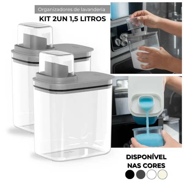 Kit Lavanderia 2 Dispenser 1,5L Pote Medidor Hermético Produtos Limpeza Organizador Flow OU