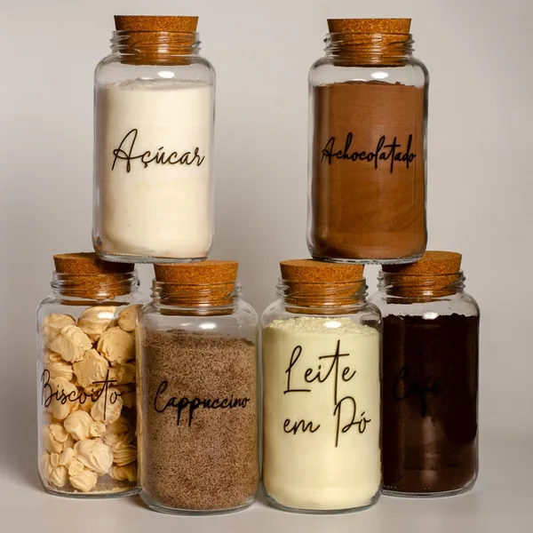 Kit Cantinho do Café - ESCOLHA SEU KIT - Potes de Vidro 830 ml com Tampa de Cortiça + Adesivos