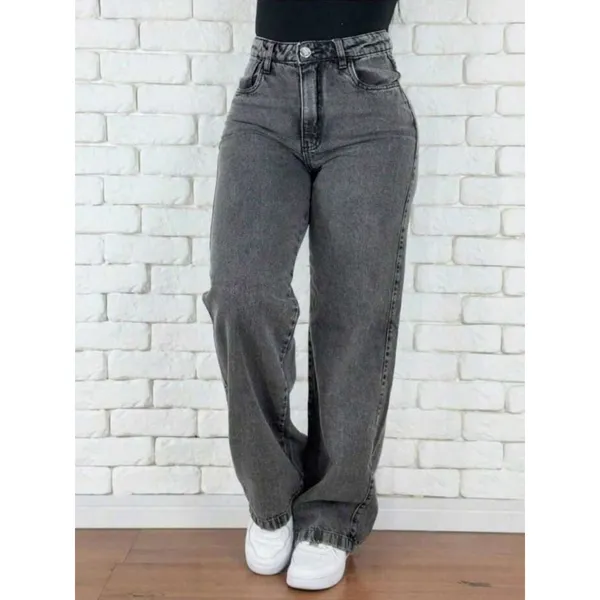 calça wid leg feminina Jeans Cintura Alta Cós Alto Lycra Grossa Rasgada Cinza Grafit Marmorizada