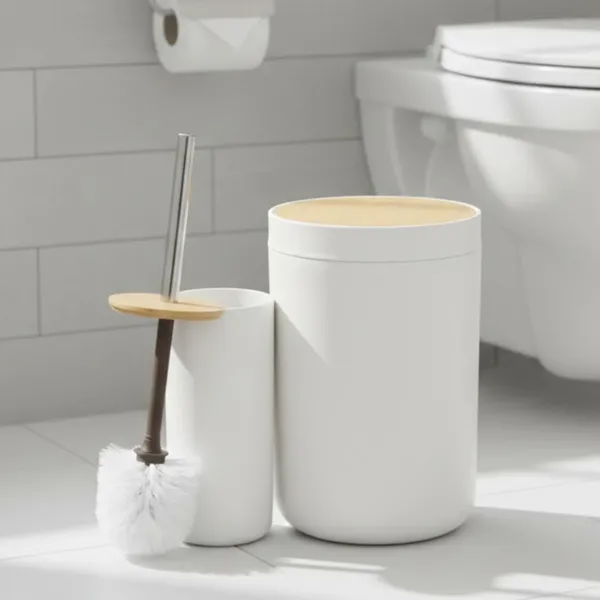 Kit pra Banheiro Bambu 2 Pçs Lixeira Escova Conjuto Lavabo de Vaso Preto ou Branco