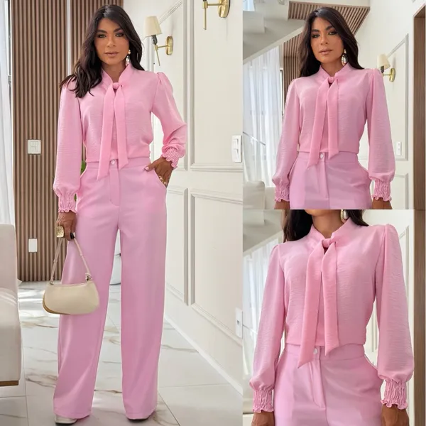 Blusa Feminina Manga Longa Bufante Com Gola De Laço