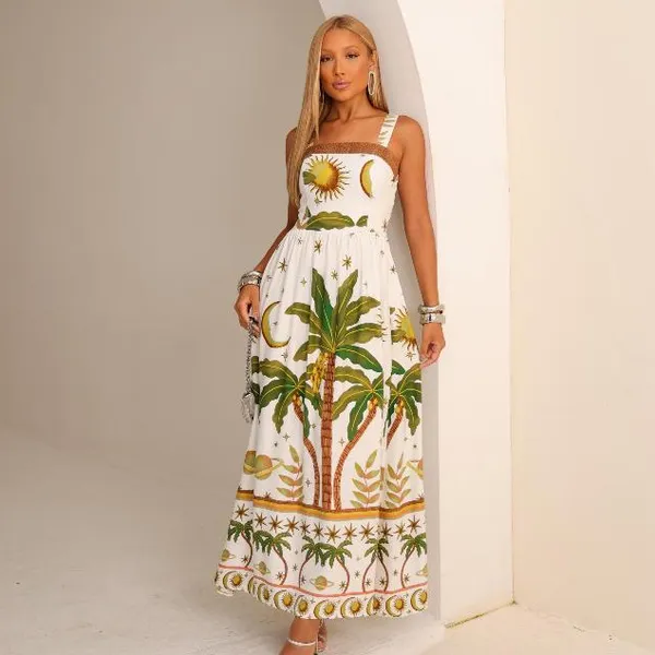 Vestido Tropical Longo Feminino Estampado Floral Verão Viscosarja Premium Moda Elegante