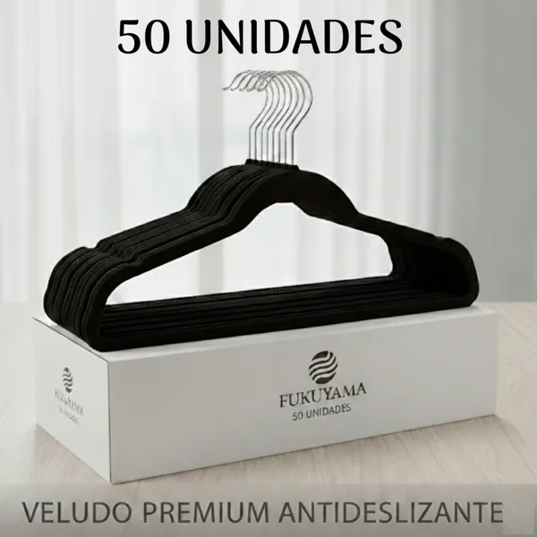 KIT 50 Cabide De Veludo Adulto Cor Preta Antideslizante Slim Com Gancho Giratório 360 Fukuyama