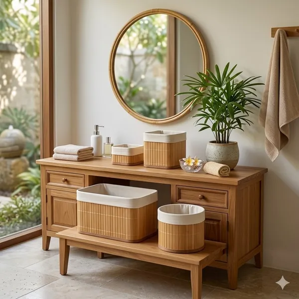 Kit  4 Cestos de Bambu Retangular Organizadores com Forro Banheiro Lavanderia Decoração Cosmeticos Pequeno Grande