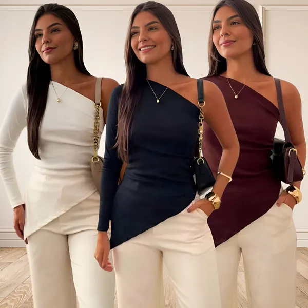Blusinha Manga Longa Assimétrica Um Ombro Mula Manca Básica Blusa Ribana