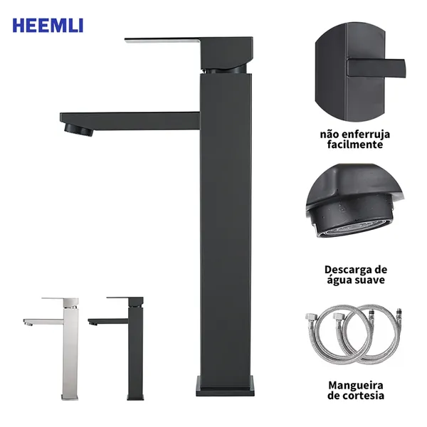 Heemli torneira banheiro inox monocomando Lavabo Saída Alta para Cuba Quadrado Pintura Preta Ajuste de Água Quente Fria