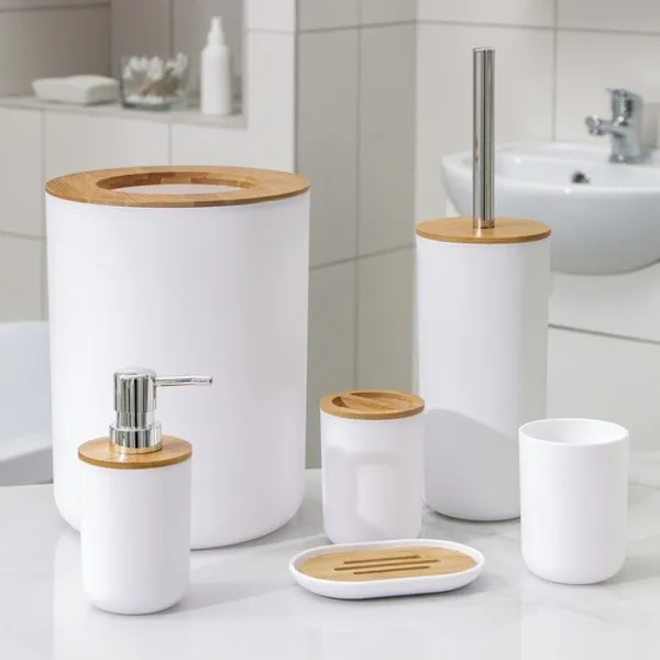 Kit 4,6 Peças Banheiro Conjunto Completo Lixeira Tampa Basculante Bambu Lavabo Escova Sanitária