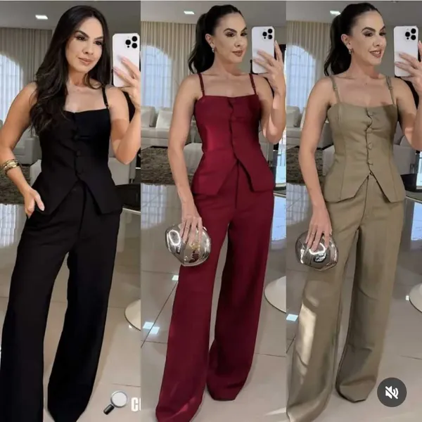 Primavera/Verão Conjunto Serenity Colete Tomara com Alças Reguláveis e Calça Pantalona com Bolsos