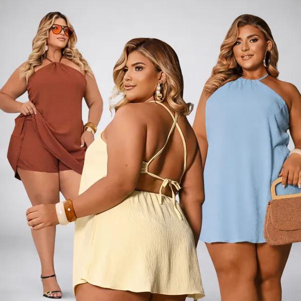 Macaquinho Mila Feminino Short Saia Plus Size Rodado Soltinho Amarração nas Costas
