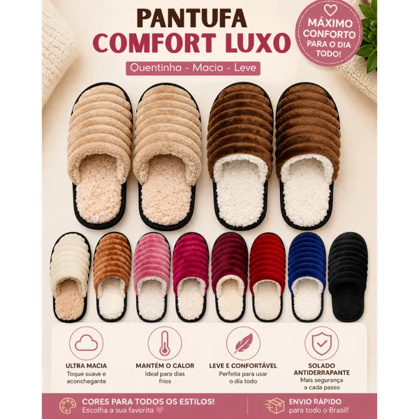 Pantufa LUXO Quentinha Inverno Unissex Pelúcia Macia Antiderrapante Confortável Masculina Feminina Casa Frio