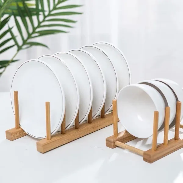 Suporte Escorredor Porta Pratos De Bancada De Bambu 4 Divisorias 21cm x 13cm