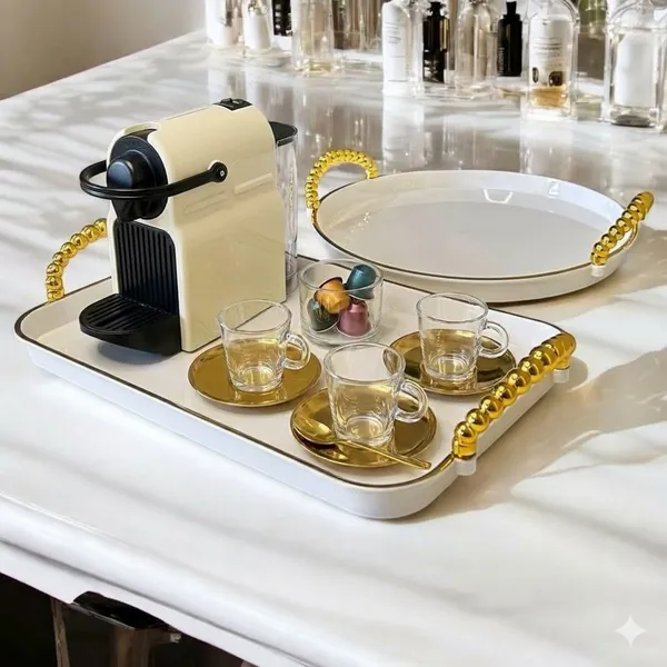 Bandeja Luxo Borda Dourada Decorativa com alças Grande Banheiro Lavabo Multiuso Cantinho do Café