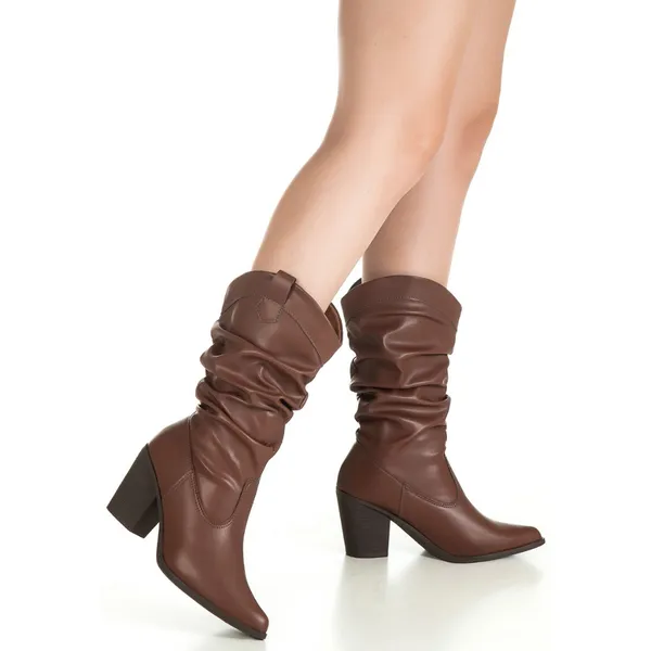 Bota Feminina GiGiL Cano Médio Enrugado Slouch Western Salto Alto Bico Fino Texana Country Elegante