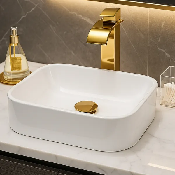 Pia Para Banheiro Cuba de Sobrepor 37cm Apoio Lavabo Retangular Mármore Sintético Branca