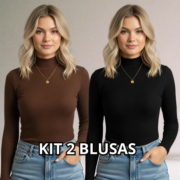 KIT 2 Blusa Feminina Gola Alta Canelada Manga Longa Conforto e Estilo para Todas as Estações