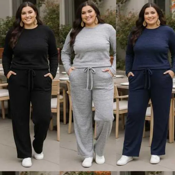 Conjunto Calça Pantalona com bolso e Blusa Manga Longa Tecido Lanzinha ribi