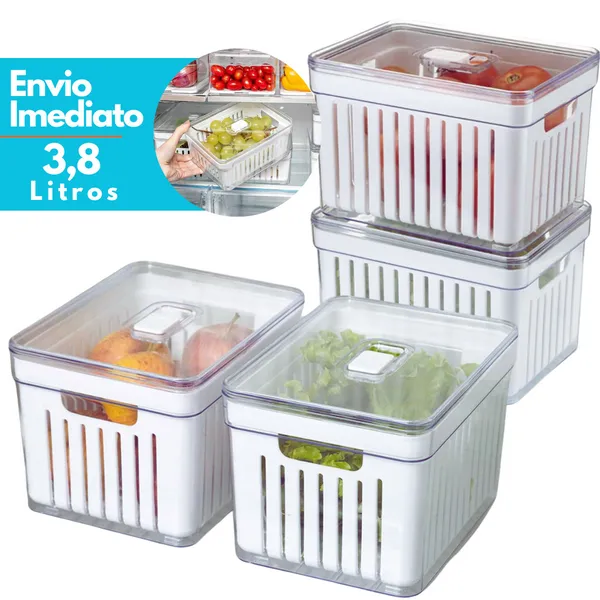 Organizador de Geladeira 3,8 Litros Cesto Com Tampa Alimentos Verduras Potes de Salada Premium