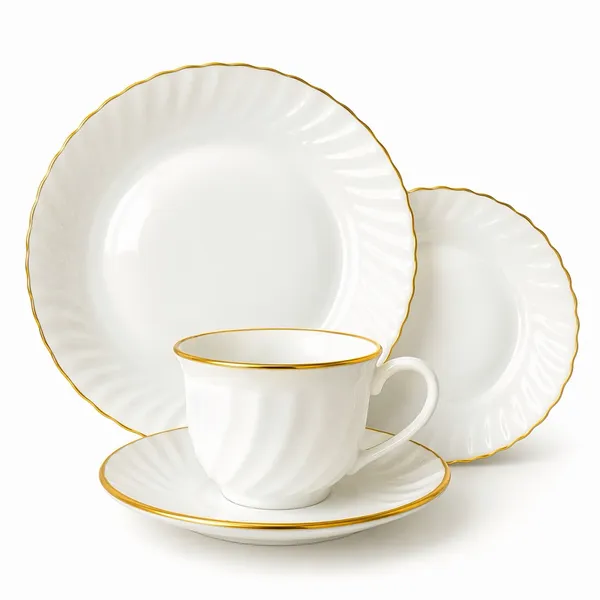 Jogo Aparelho De Jantar E Chá Com 16 Peças Vidro Opaline Branco Filet bordas dourado