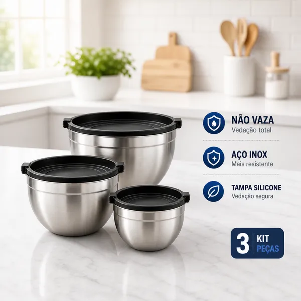 Vittak Kit 3 Bowl Tigela Aço Inox Funda Multiuso Redonda Saladeira Confeitaria Bowls Vasilha Com Tampa