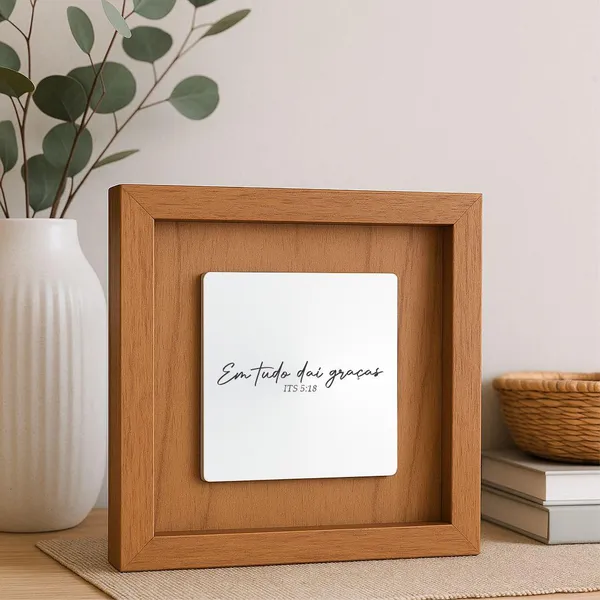Quadro Decorativo em Madeira Quadrado 20x20 com Placa de Espelho Gravado com Frase Religiosa Sala Quarto Casa Decoração