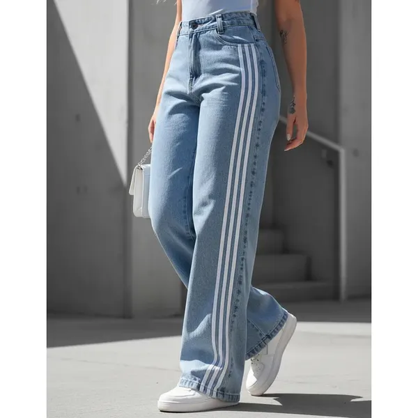 Calça Jeans feminina cargo wide leg cintura alta