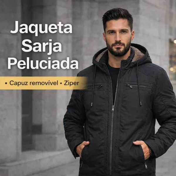 Jaqueta Masculina Sarja Forrada peluciada capuz removível