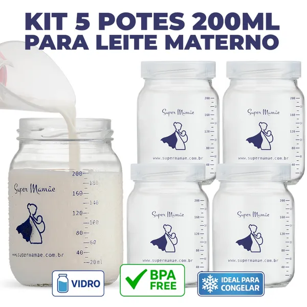 Kit com 5 Potes de Vidro 200ml para Armazenar Leite Materno (BPA Free + ideal para congelar)