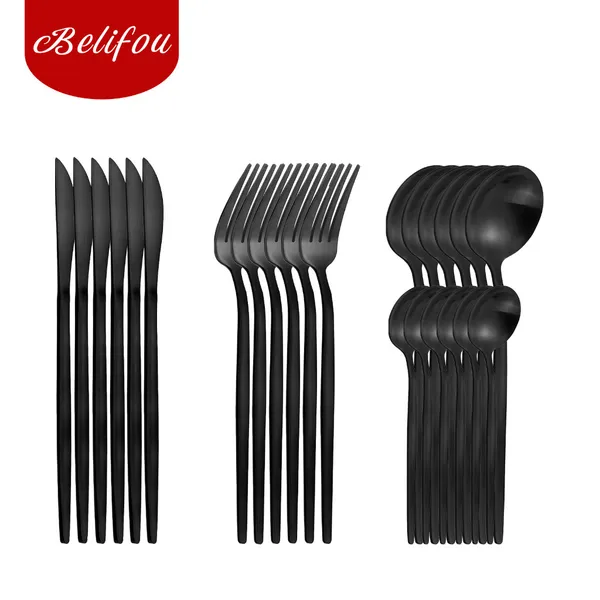 Belifou Faqueiro Jogo De Talheres 24 Peças Inox Preto Grafite Premium