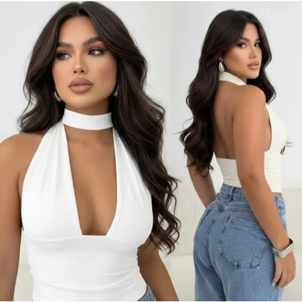 TOP CROPPED DE AMARRAÇÃO NO PESCOÇO MODA GRINGA DECOTADO COM DIVERSAS AMARRAÇÕES
