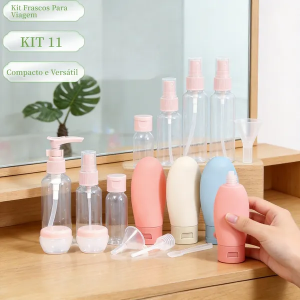 Kit 11 Frascos Para Viagem Com Estojo Conjunto Multifuncional Para Cosméticos Cremes Shampoo Sabonete