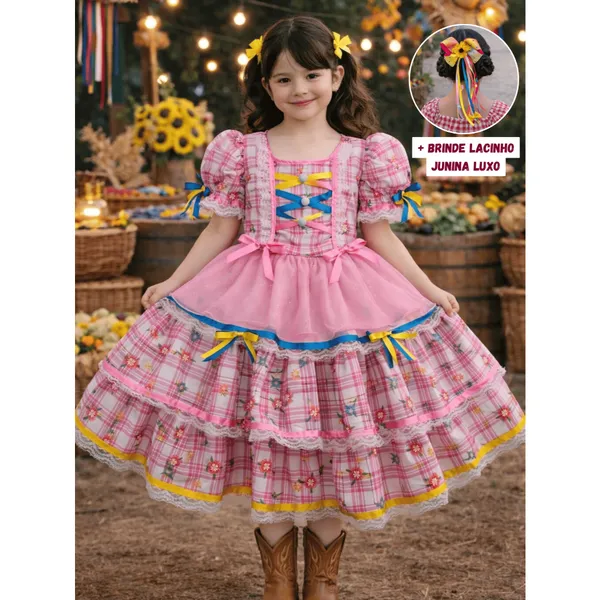 Vestido De Festa Junina Reforçado Super Luxo + Brinde Tiarinha Junina - Edição Especial