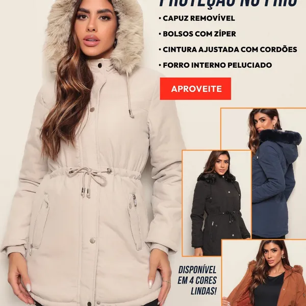 Casaco Parka Jaqueta Sobretudo Feminino Forro Pelinhos Capuz Inverno