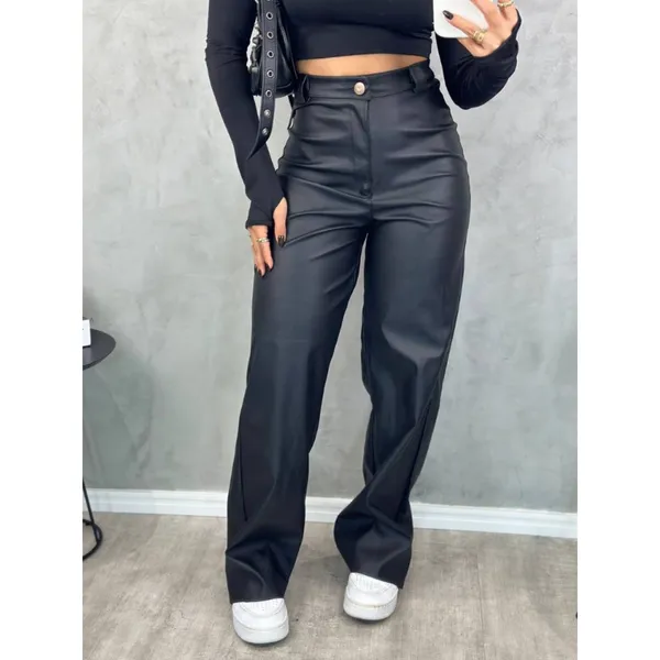 Calça Couro Fake Wide Leg Pantalona Feminina PU Sintético Zíper Botão Bolso
