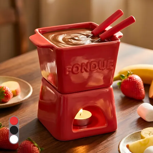 Aparelho de Fondue 6 peças, p/ 2 pessoas, com vela, portátil, 3 cores, elegante, resistente 300ml