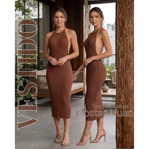 Vestido Midi Feminino Tricot Canelado Cordão Com Amarração Frente Única Costas Nuas Elegante Verão