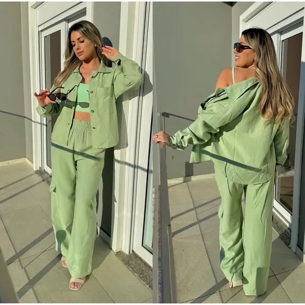 Conjunto Feminino Calça larga cintura alta Blusa manga longa botões