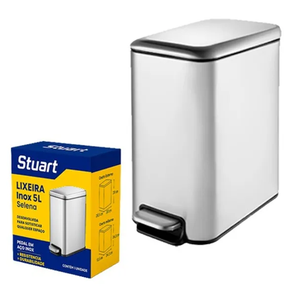 Lixeira Soft Close 5 Litros Lixo Inox C/ Pedal Selena Cesto Removível Slim Banheiro Cozinha - Stuart