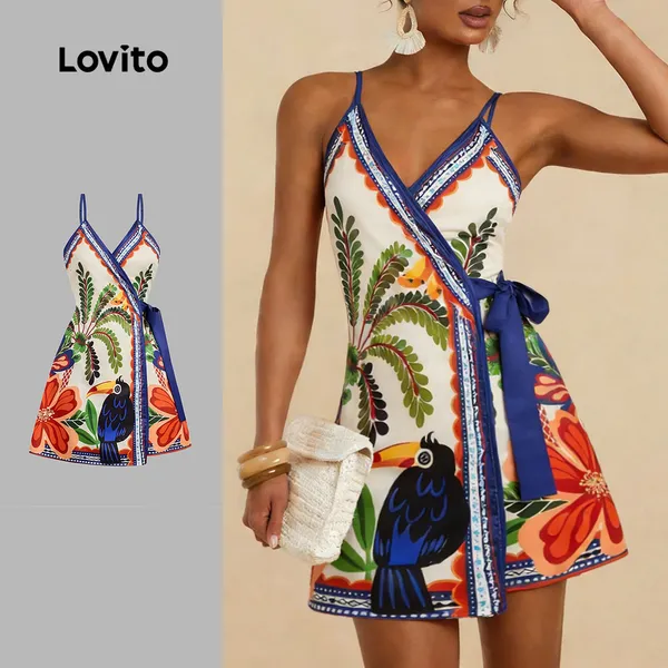Lovito Vestido Boho com cinto vestido primavera/verão para mulheres LBL32241