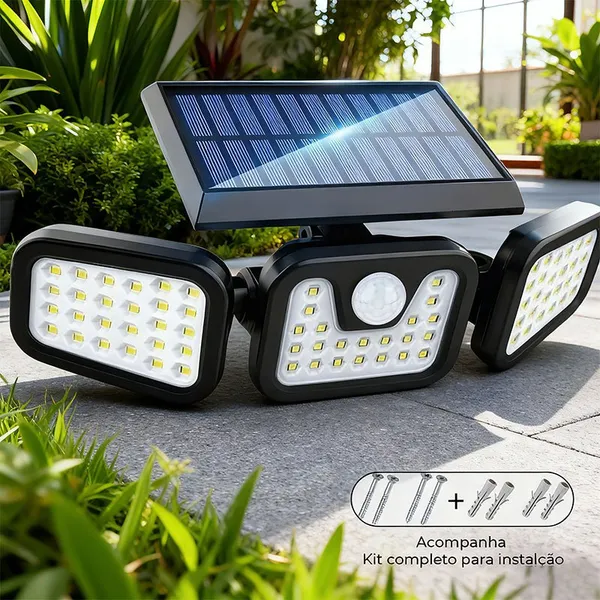 Refletor Grande de 198Led com Painel Solar Giratório Sensor de Movimento