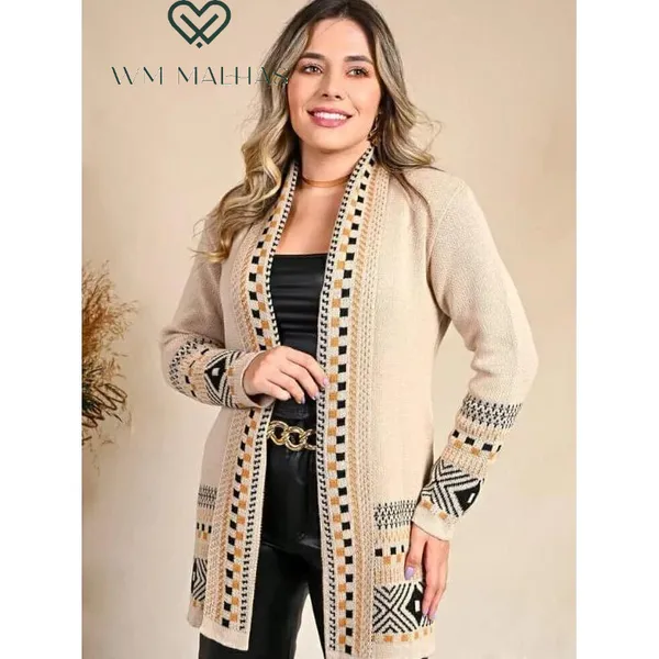 Cardigan  Kimono Tricot Feminino Quadriculado Casaco Teddy Manga Longa Aberto Elegante WM Malhas