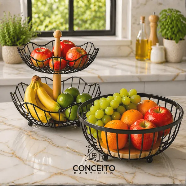 Fruteira de Mesa Rustica de Ferro e Bambu para Café da Manhã Multiuso Metal Preto Cesto Organizador