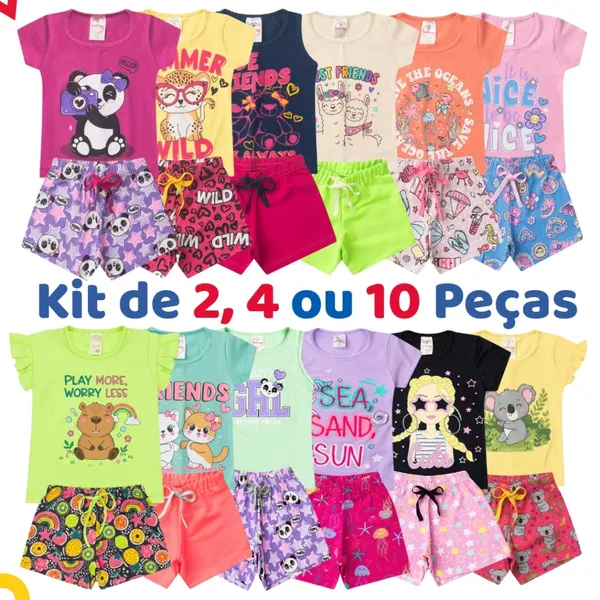 Kit de 2, 4 ou 10 Peças Roupa Infantil Menina Conjunto Verão Criança Feminino Tamanho 1 ao 14