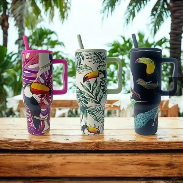 Brasil Estilo Copo Térmico Alça e Canudo Personalizado Estampado Fauna 1200ML Estampas de animais